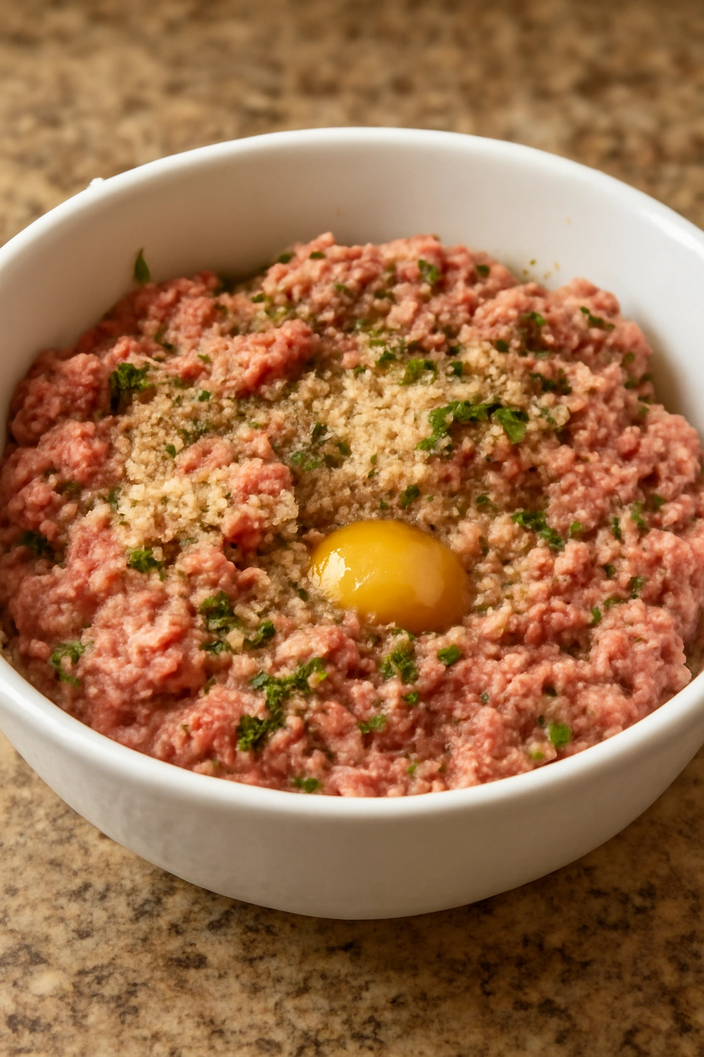 Raw meatball mixture with breadcrumbs and herbs in a bowl