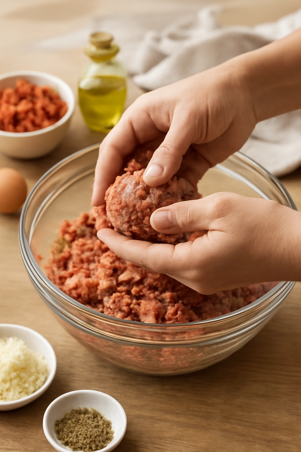 Hands shaping meatballs from seasoned mixture