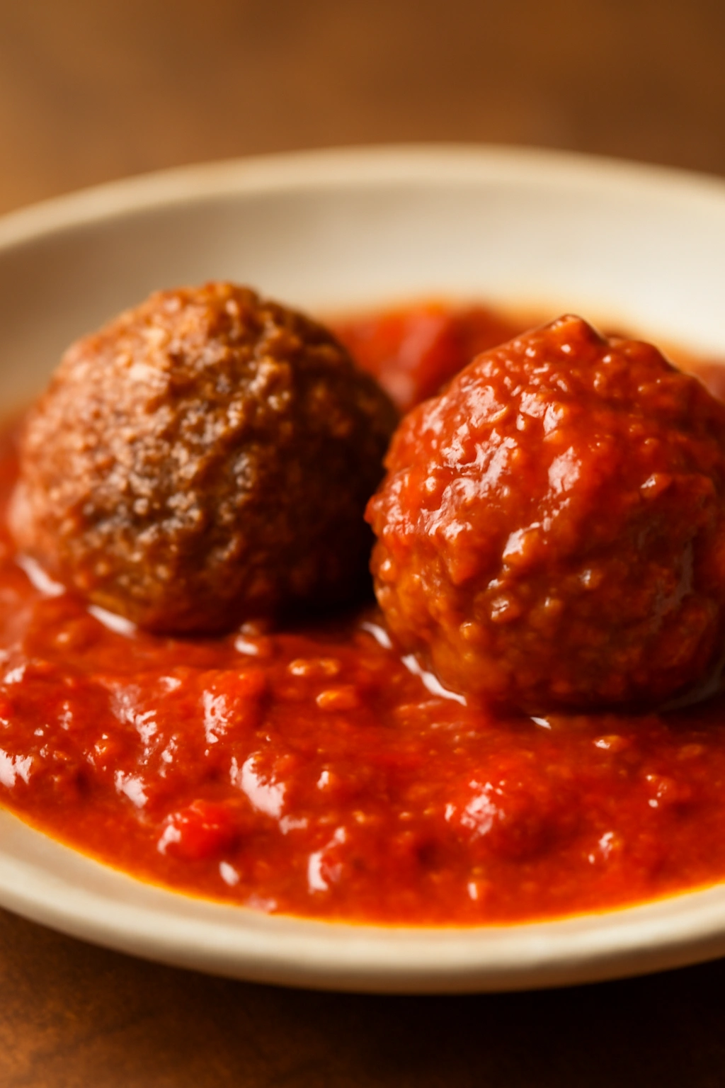Two meatballs with different textures in sauce illustrating common mistakes and fixes