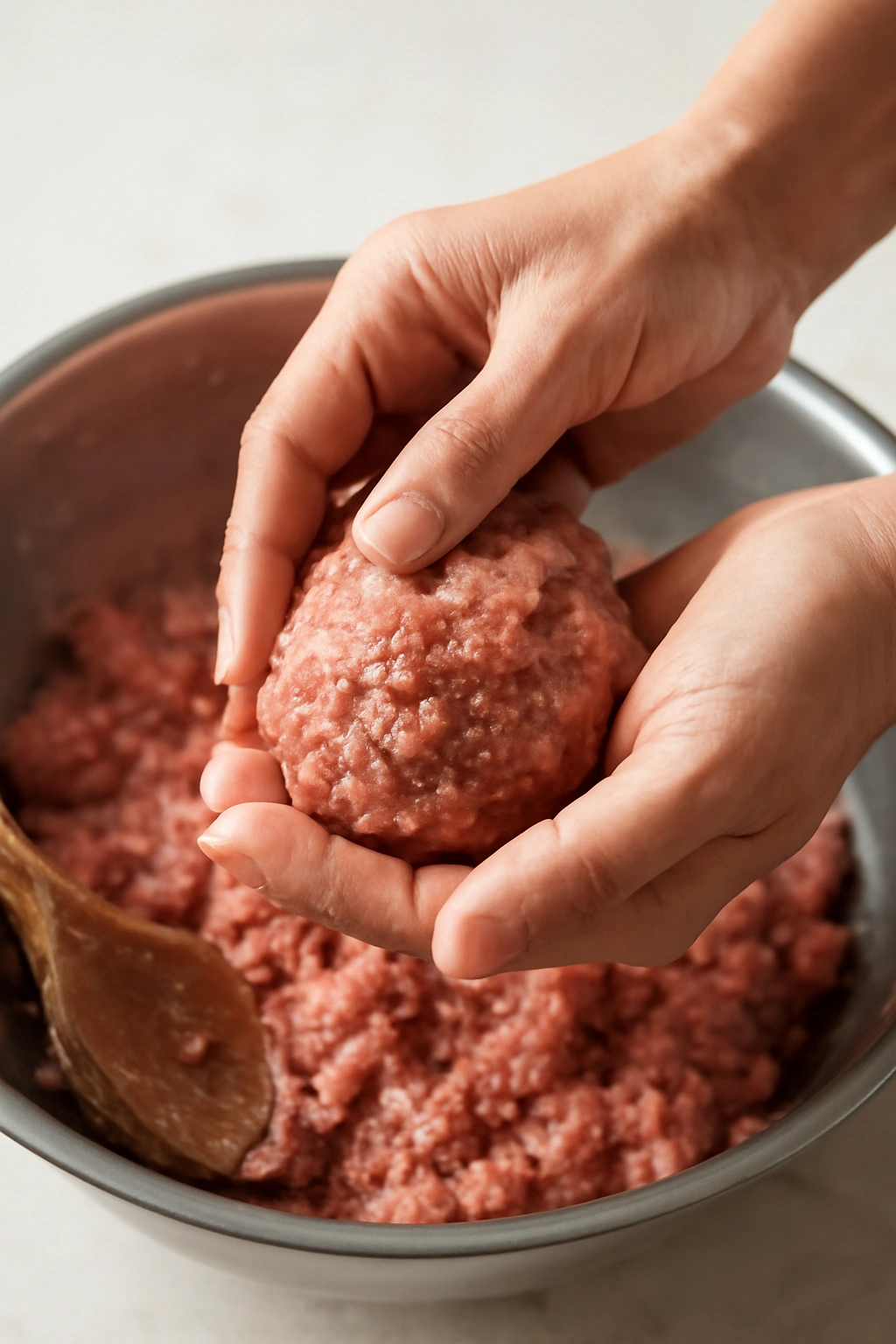 Hands shaping a meatball from panade-rich ground meat mixture