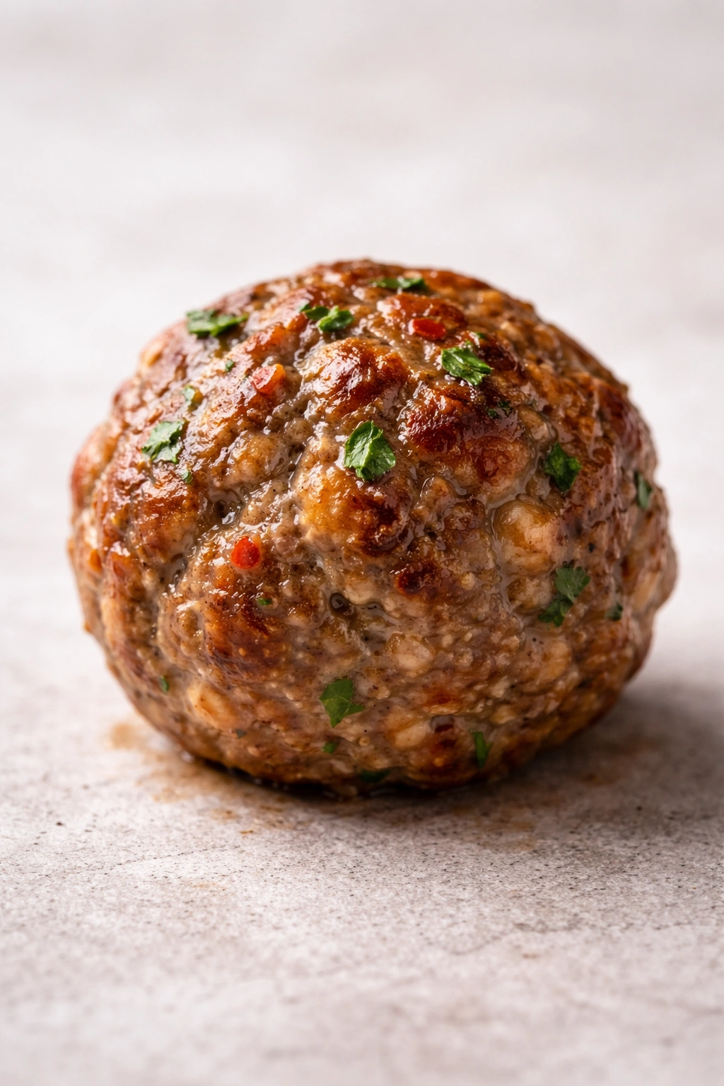 Close-up of a single well-formed meatball on a neutral surface