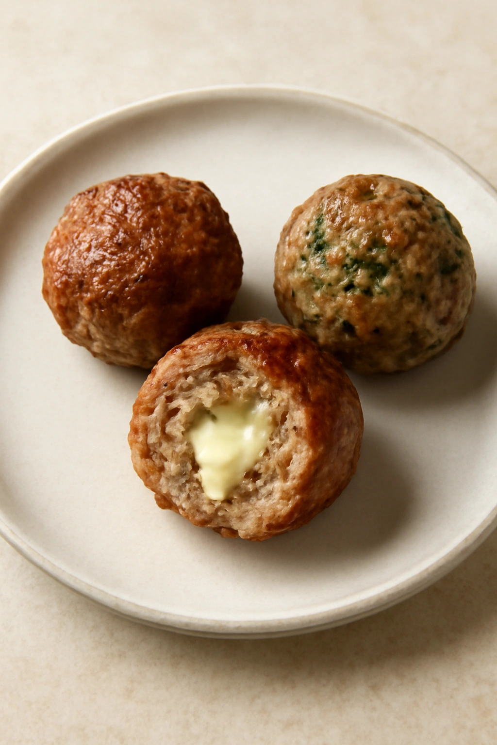 Three meatballs showing plain, cheese-filled, and herb-infused variations on a plate