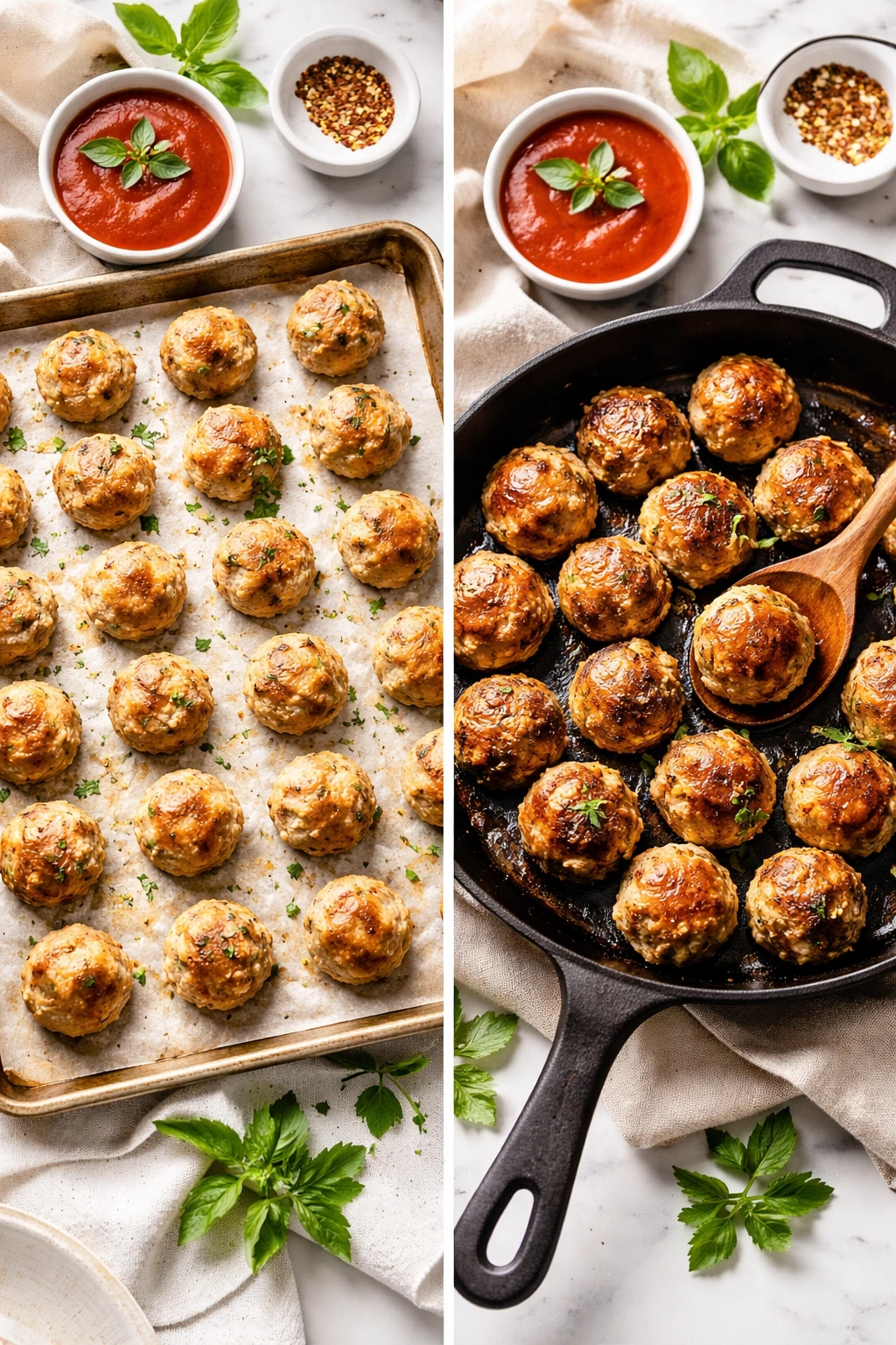 Meatballs on sheet pan and in skillet showing baking vs frying
