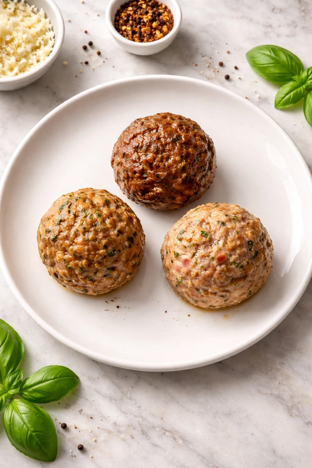 Three meatballs showing beef, pork, and veal variations