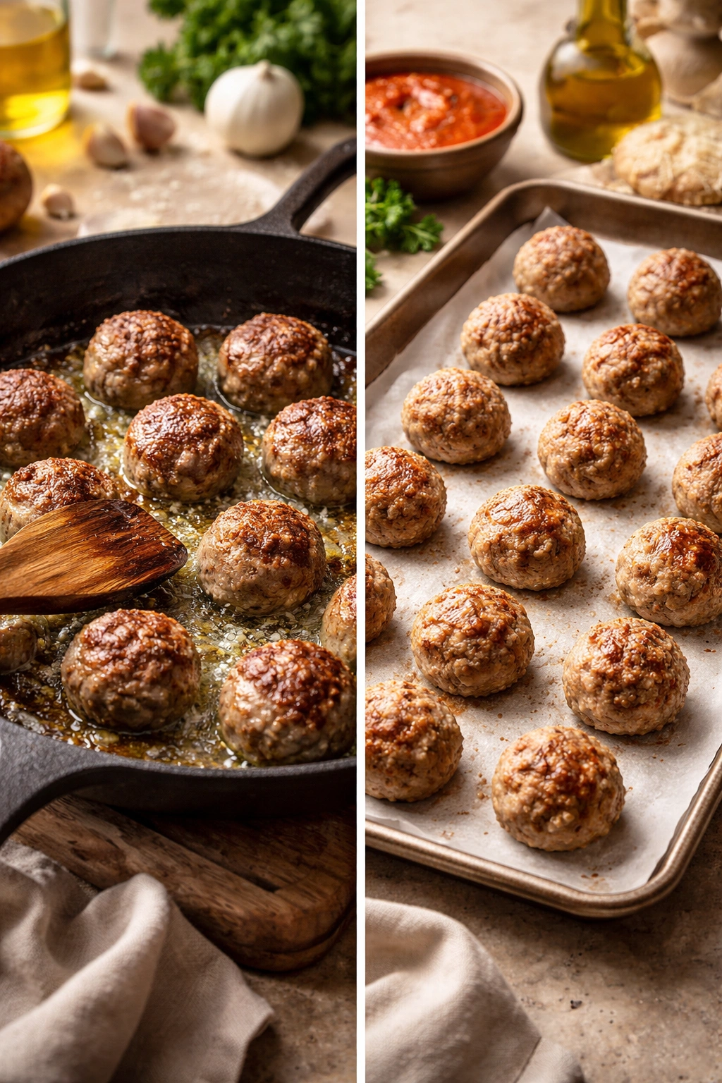 Meatballs browning in skillet and baking on sheet