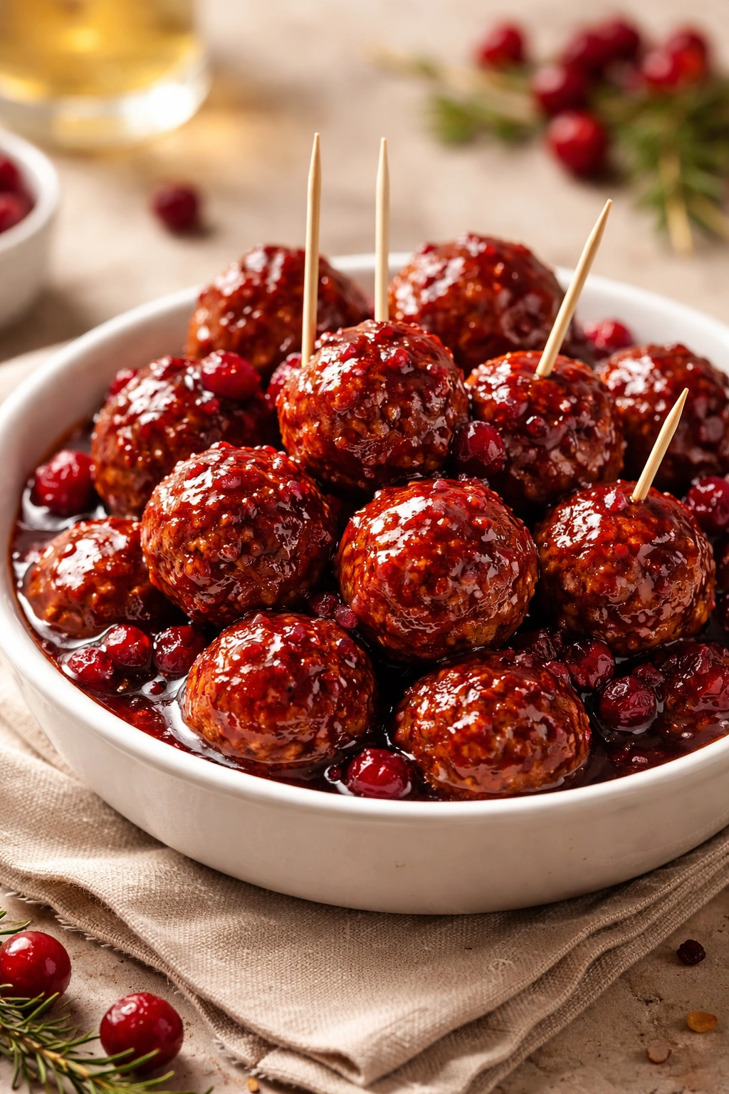 Meatballs in cranberry sauce on a small dish with toothpicks