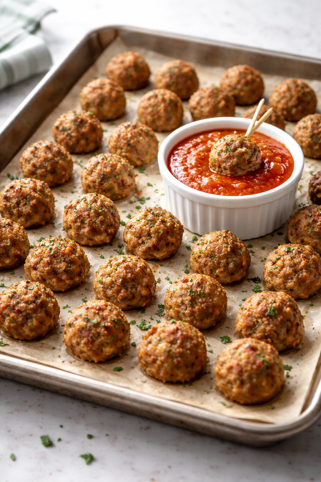 Small meatballs on sheet pan with marinara dipping sauce