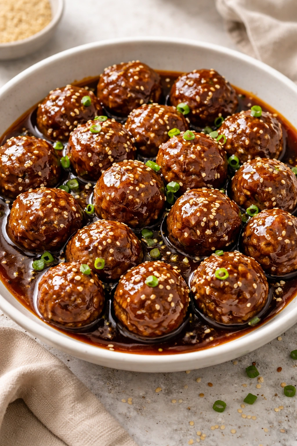 Beef meatballs in ginger-soy glaze with sesame seeds