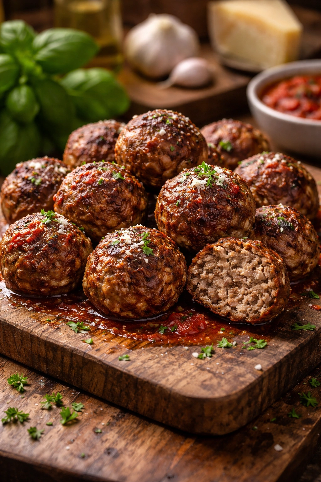 Browned Italian meatballs on a wooden board, close-up texture