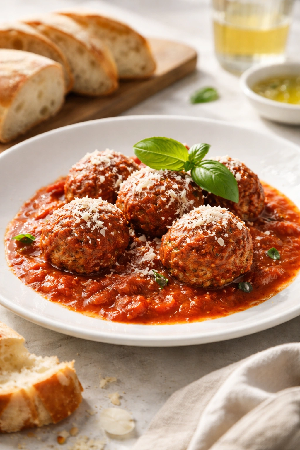 Plate of meatballs in tomato sauce with cheese and basil