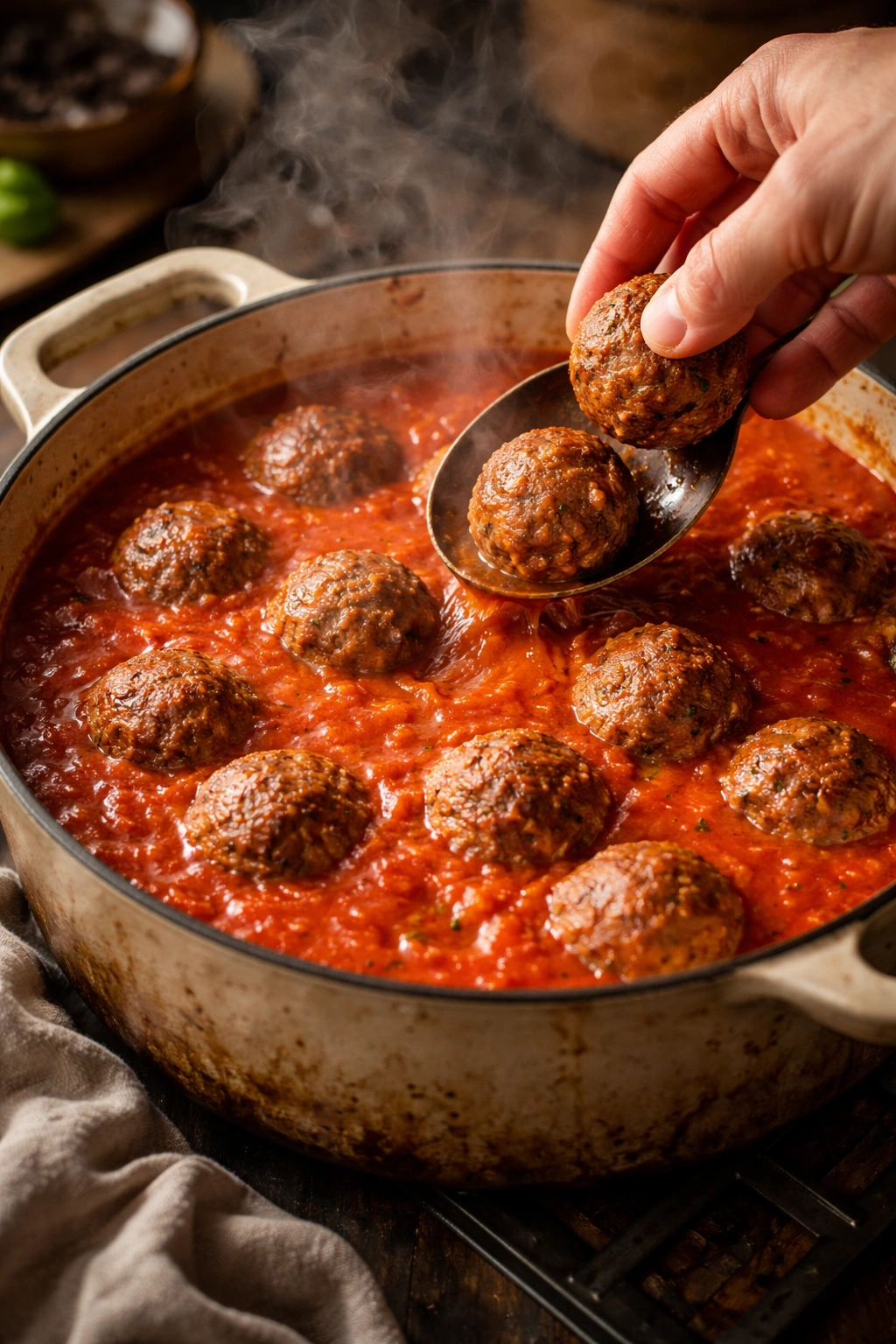 Meatballs being added to simmering sauce in pot