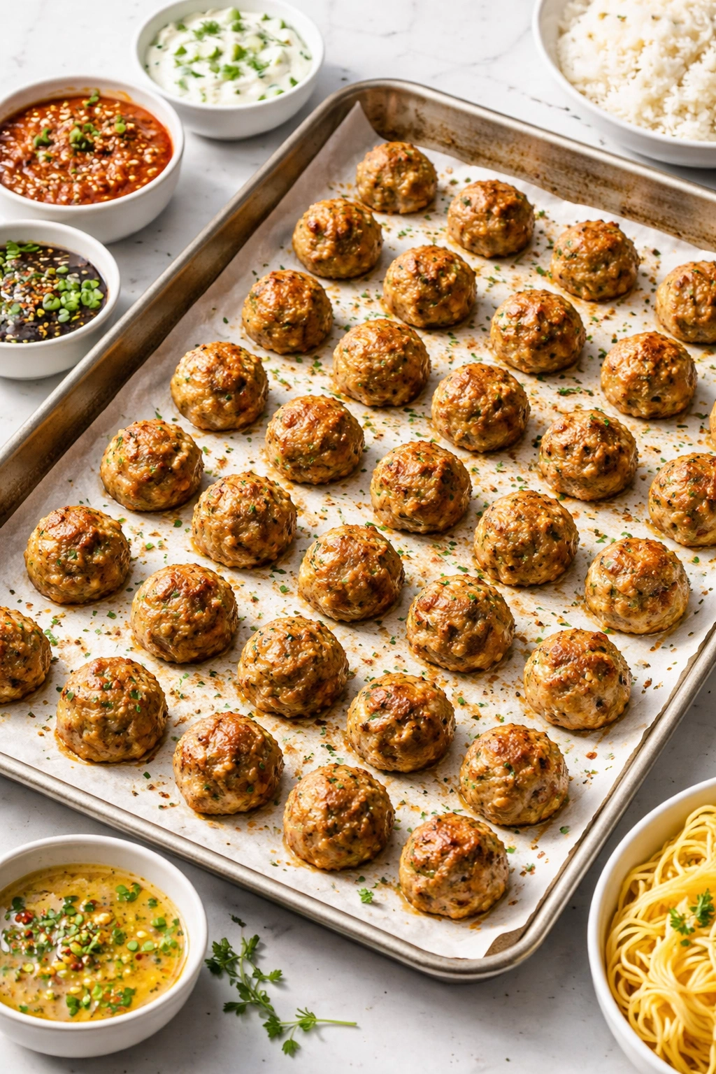 Sheet pan of evenly spaced baked meatballs
