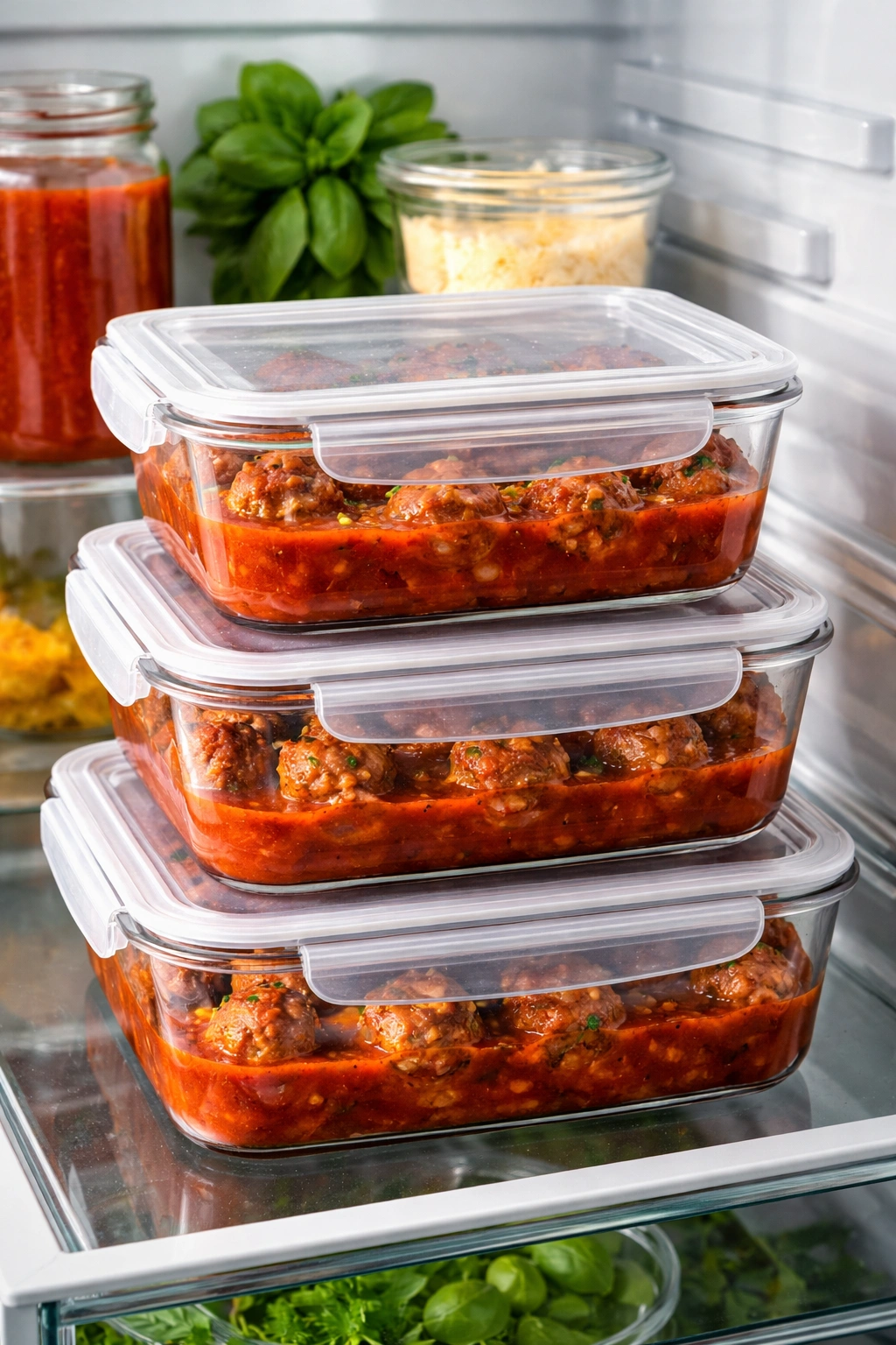 Cooked meatballs in tomato sauce stored in airtight containers inside a fridge