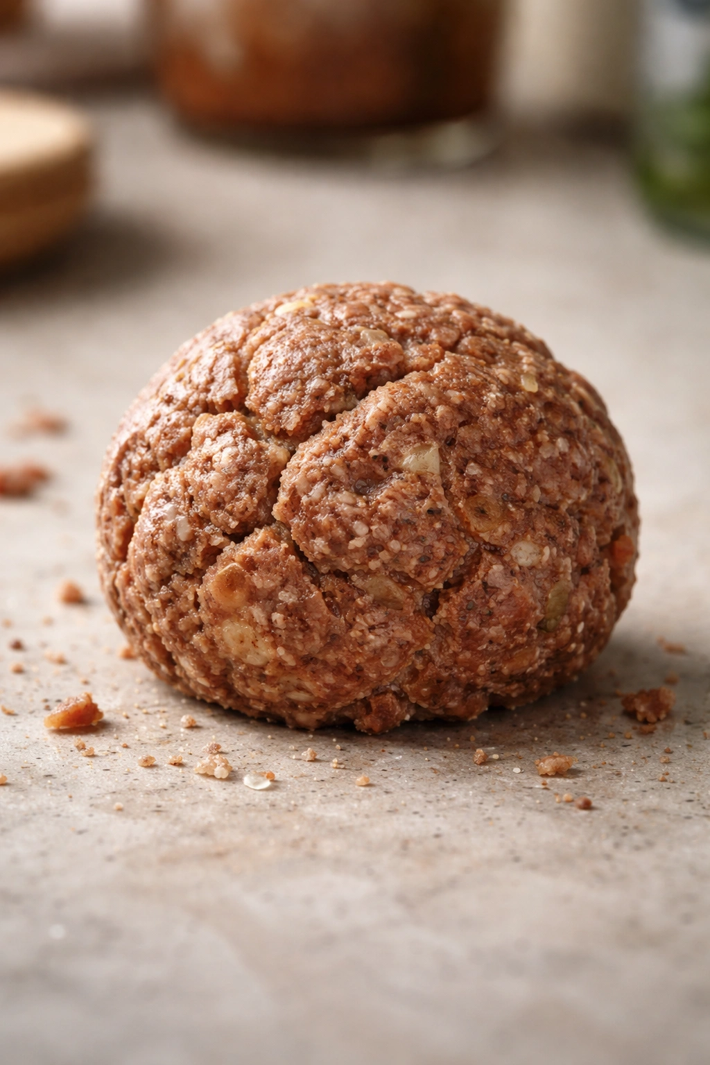 Dense overmixed meatball with cracked surface