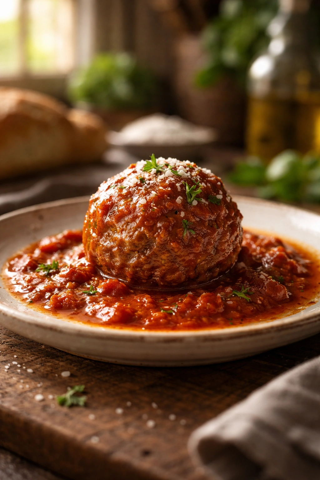 Close-up of a single meatball in tomato sauce on a rustic plate