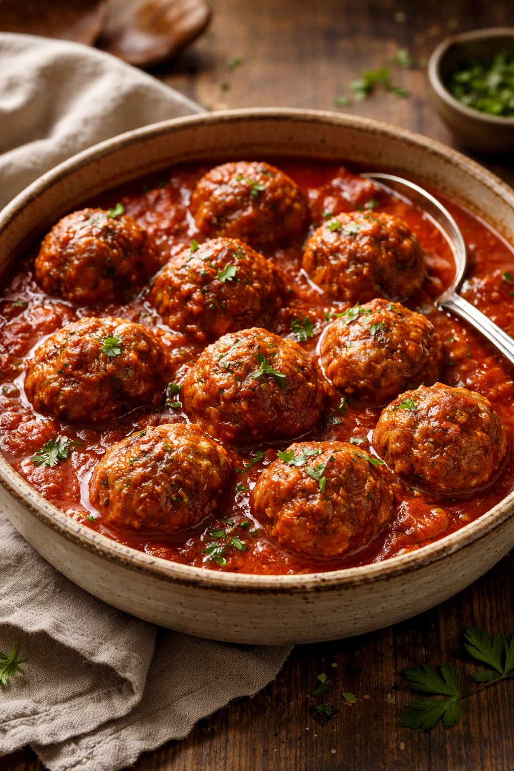 Meatballs in tomato sauce in rustic bowl