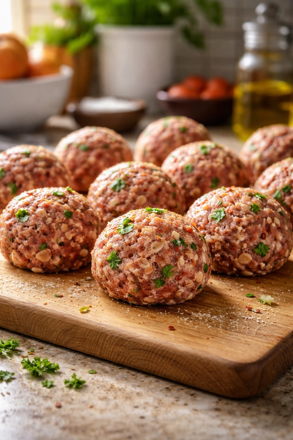 Rough hand-formed meatballs on wooden surface