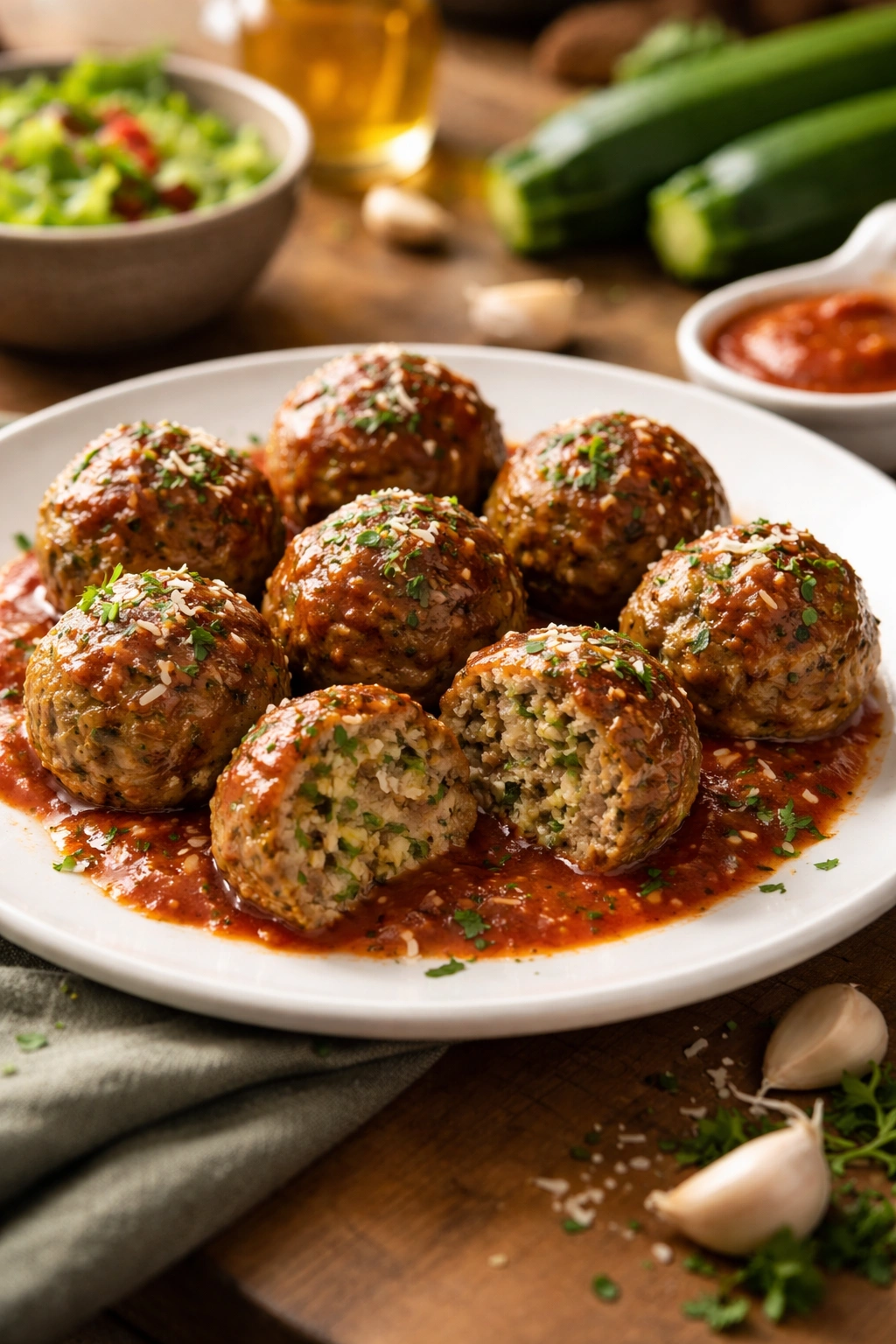 Zucchini beef meatballs on a plate with marinara sauce