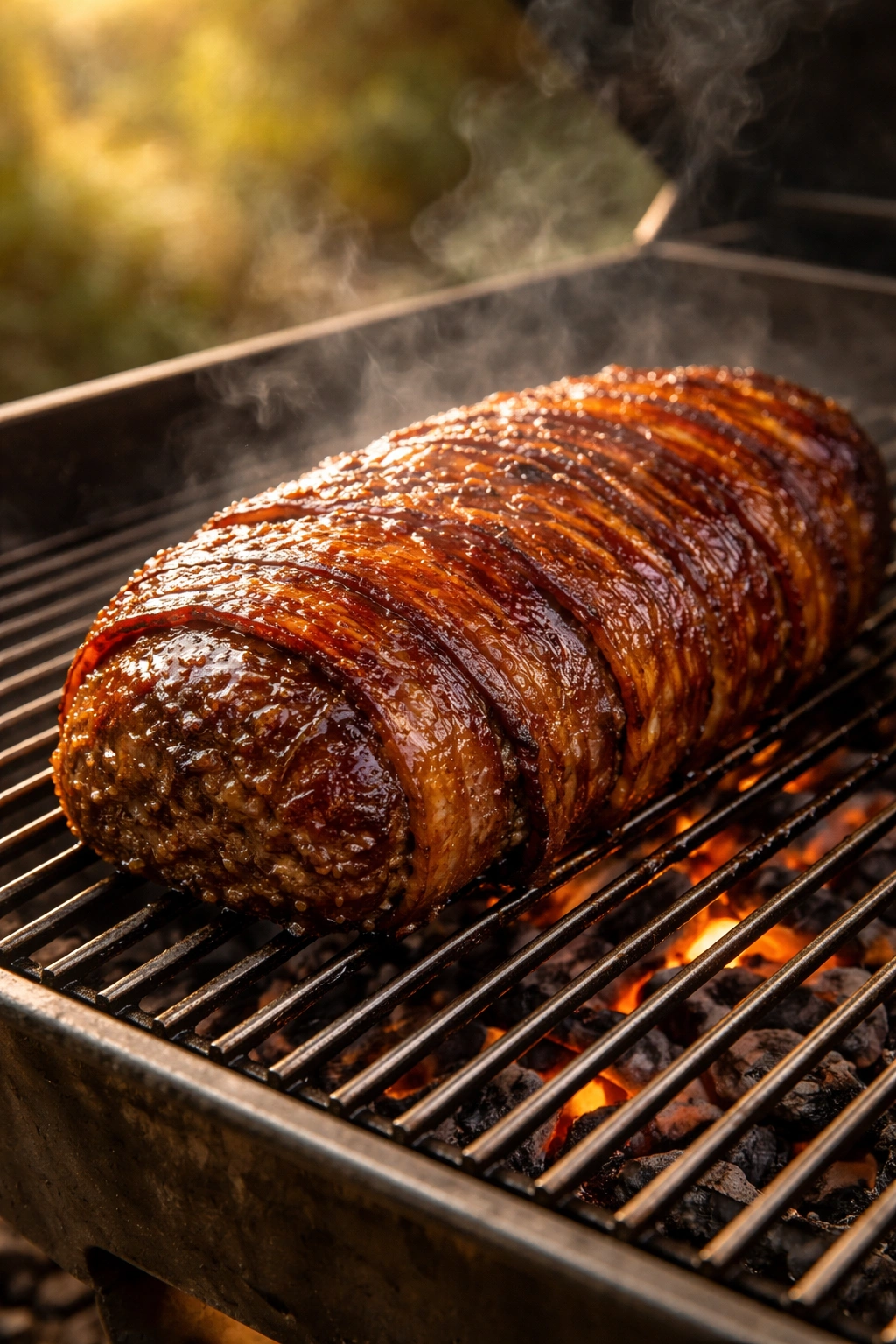 Bacon-wrapped meatloaf on grill with glossy glaze
