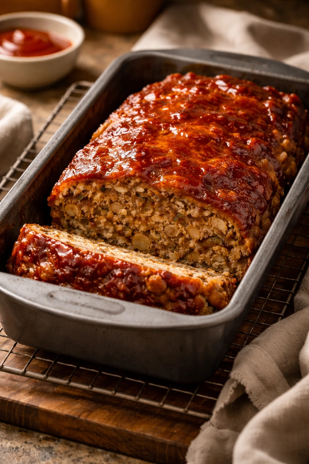 Meatloaf with stuffing and ketchup glaze in a baking pan