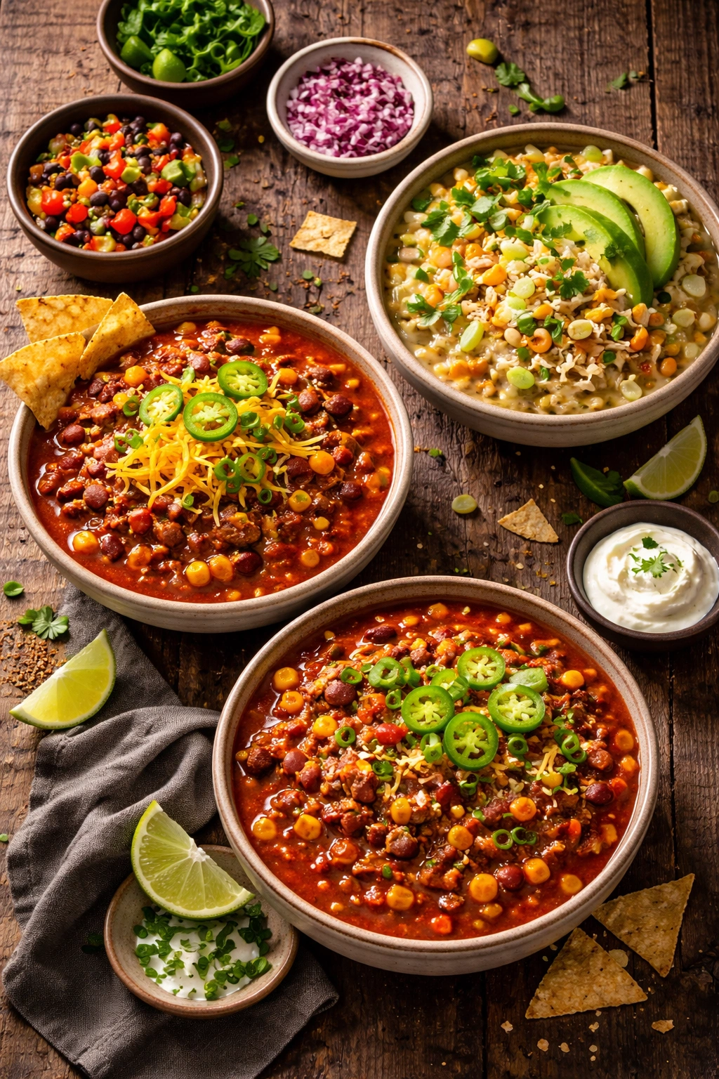 Hearty chili with chunky meat texture in rustic bowl