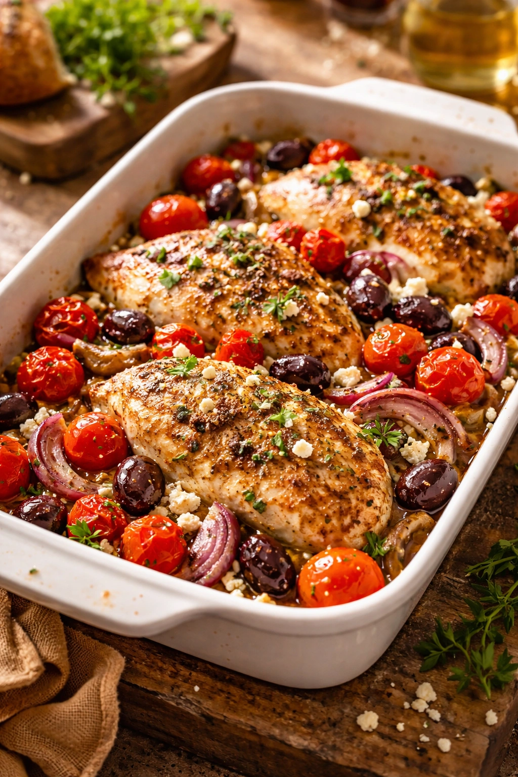 Mediterranean baked chicken with olives and feta