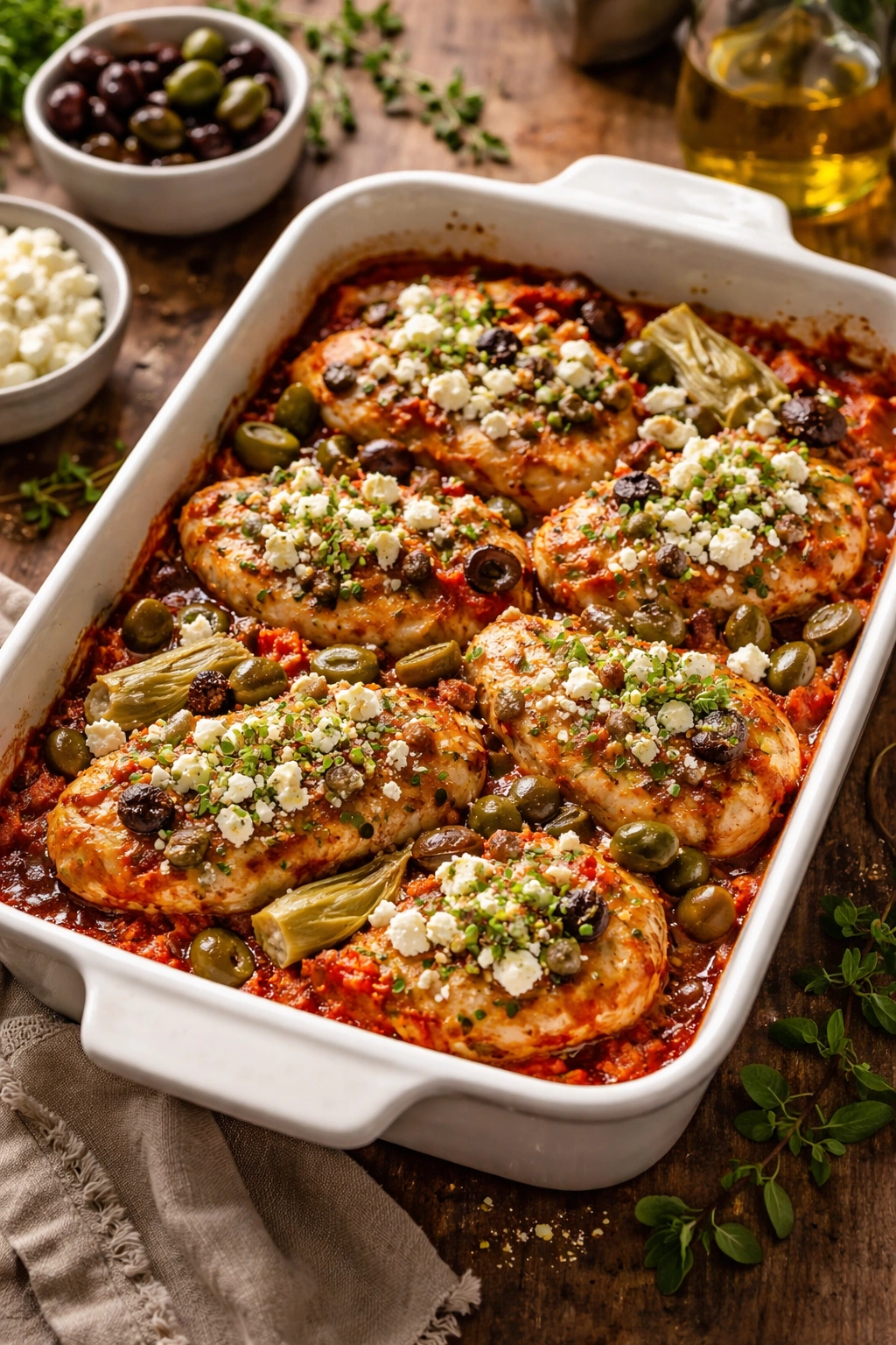 Mediterannean-style Chicken Breast Tomato Bake with feta topping