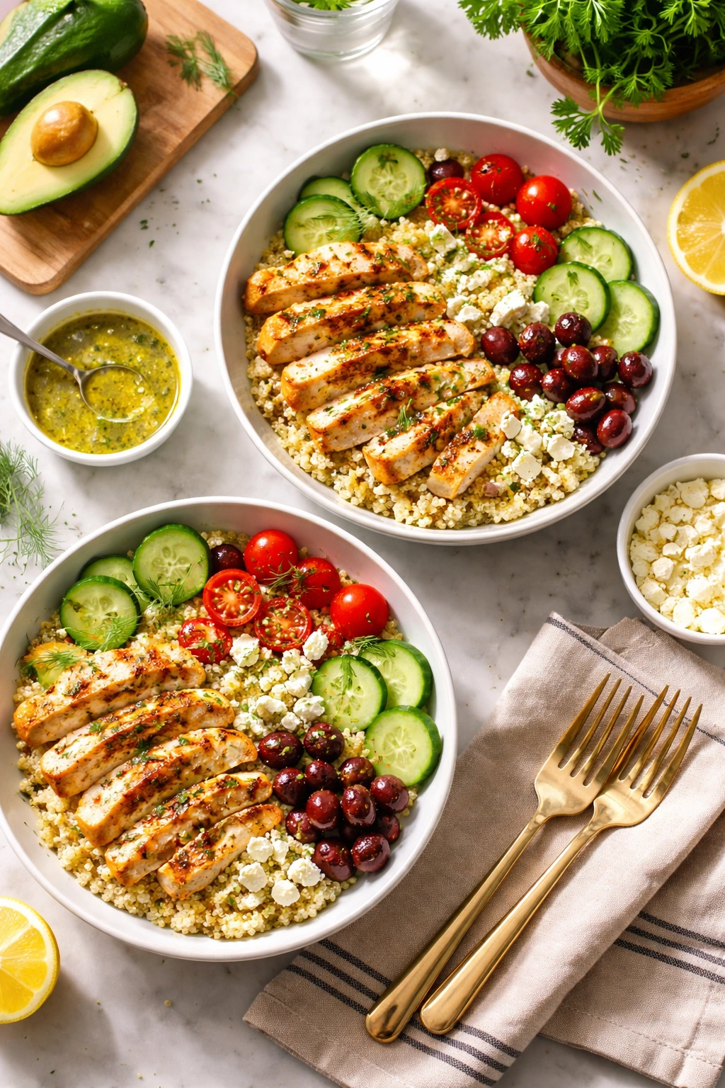 Two bowls of Mediterranean chicken bowls with quinoa vegetables feta