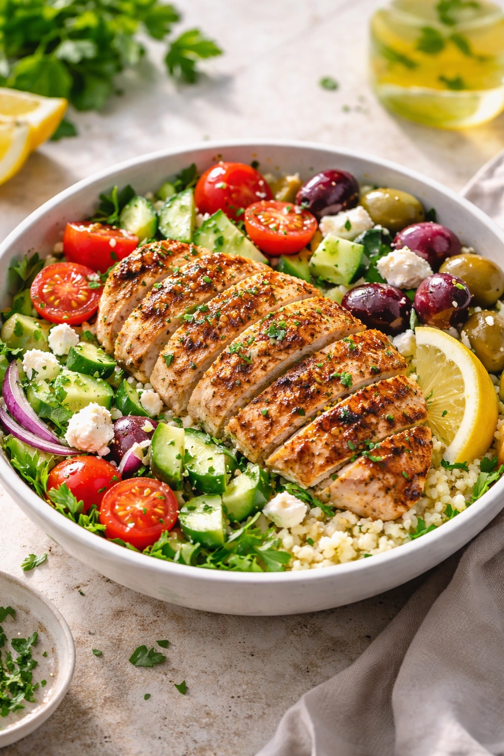 Mediterranean chicken bowl with greens tomatoes olives feta