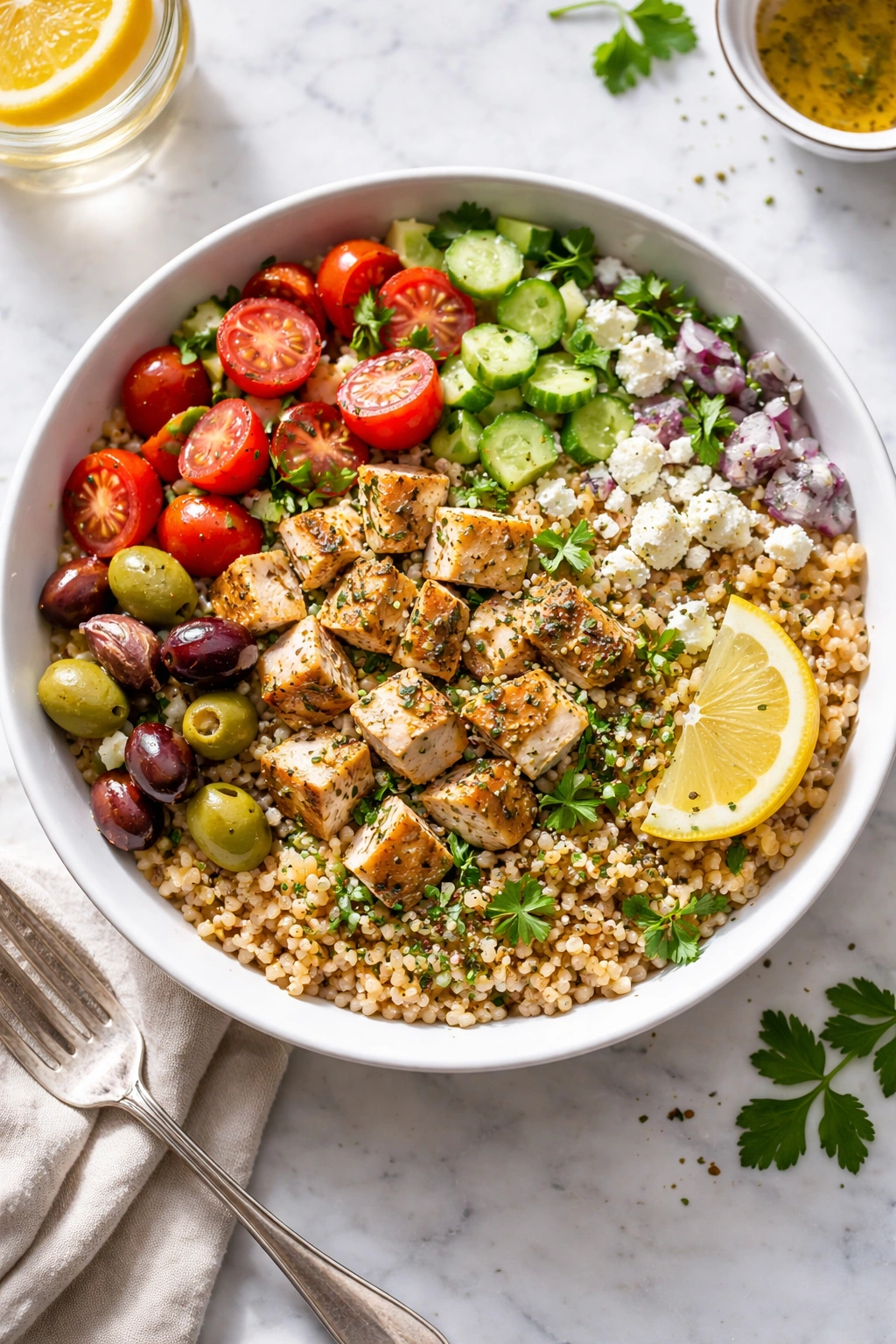 Mediterranean chicken and grain bowl with feta and veggies