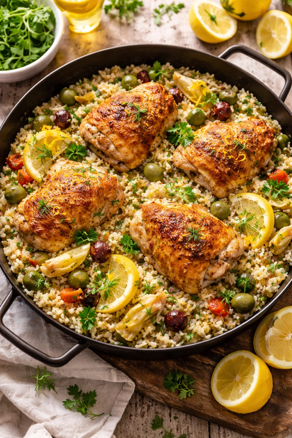 Mediterranean chicken and rice with olives, artichokes and lemon zest