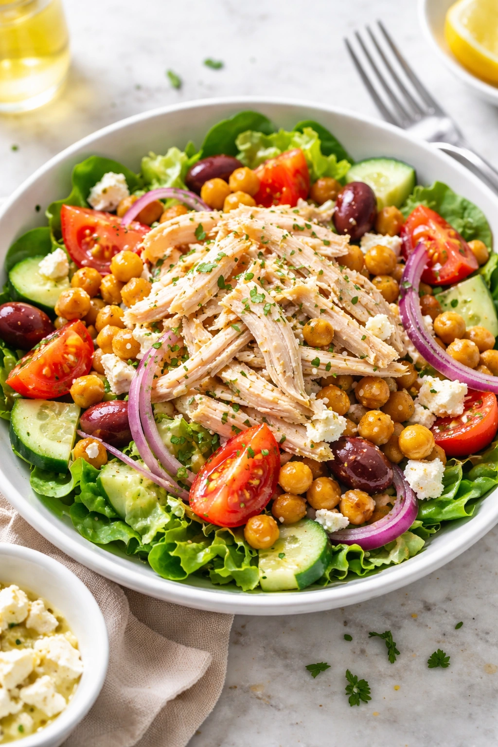 Mediterranean chicken salad with feta olives and tomatoes