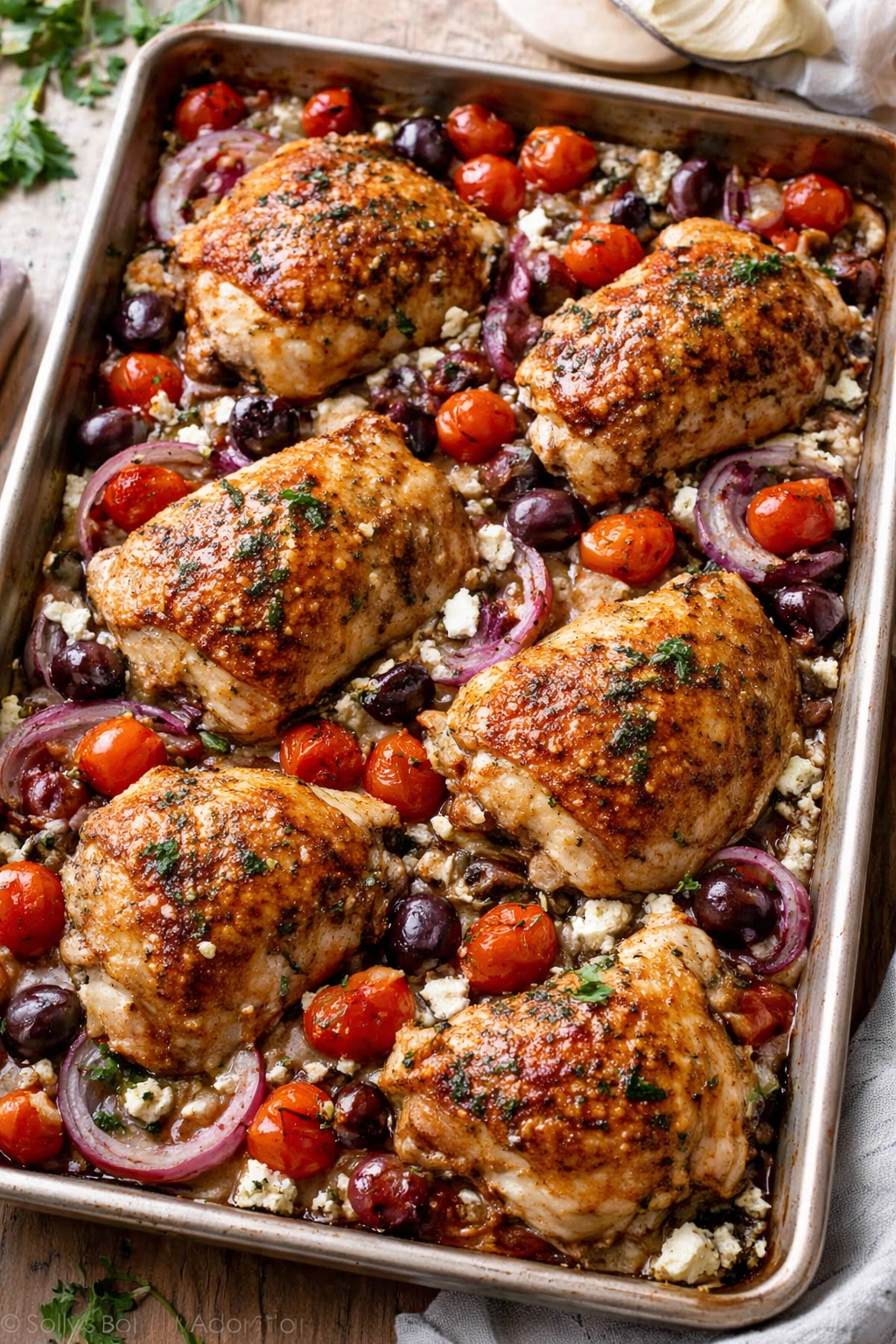 Mediterranean chicken thighs with tomatoes olives and feta on sheet pan