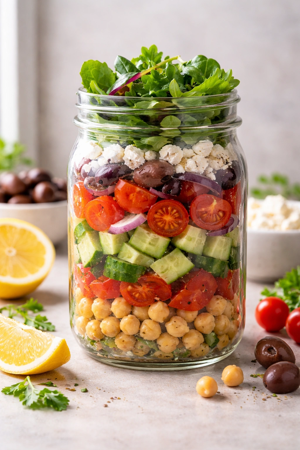 Mason jar salad with chickpeas and Mediterranean ingredients layered in glass