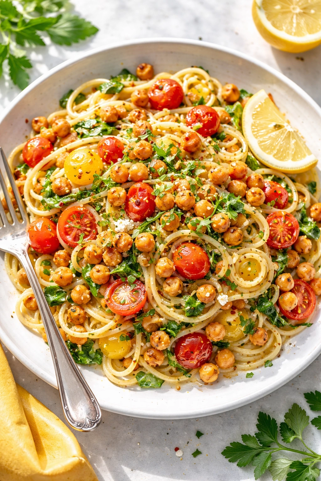 Bright plate of Mediterranean chickpea pasta with crispy chickpeas and herbs