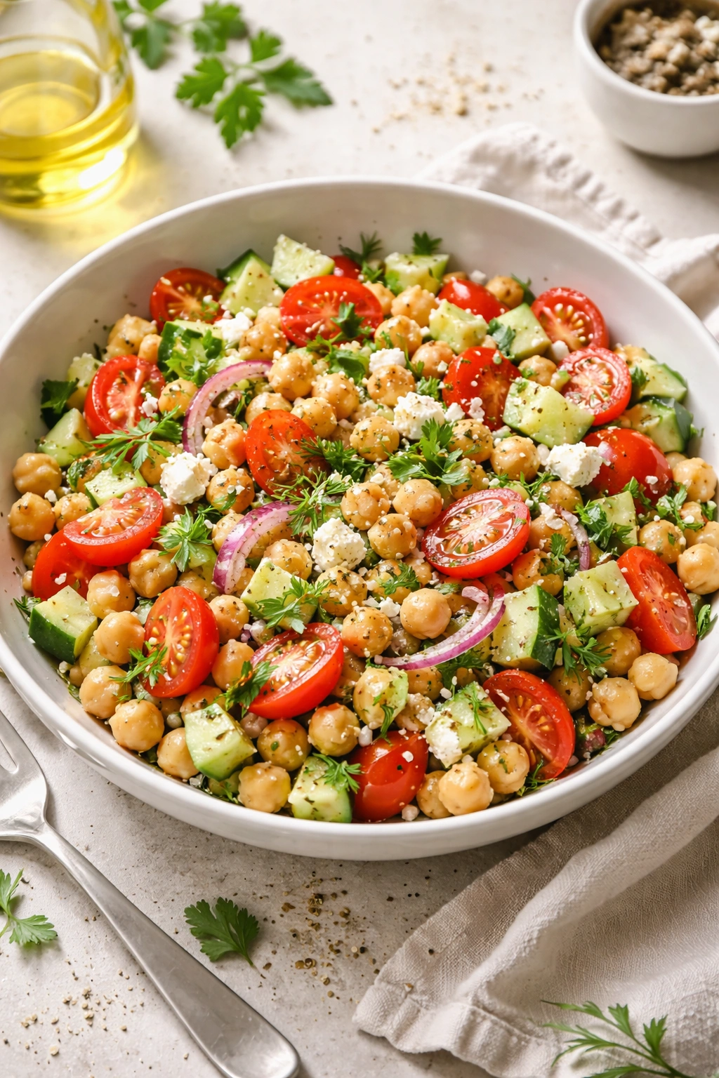 Close-up of Mediterranean chickpea salad in a white bowl with cucumber, tomatoes, feta, red onion, and herbs.
