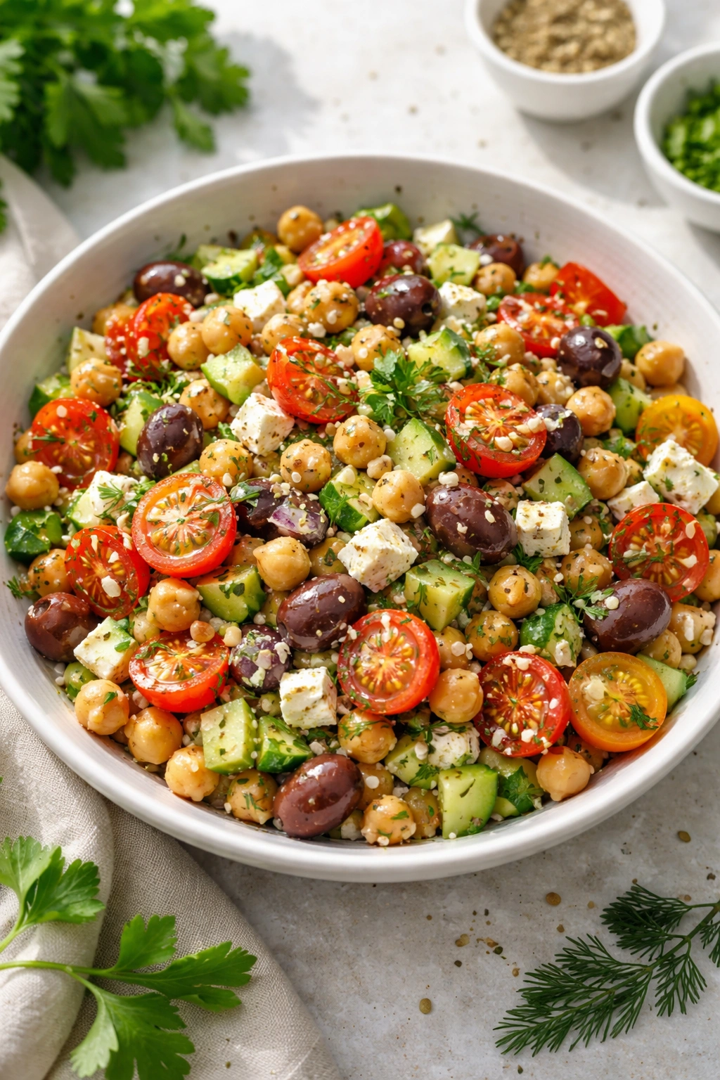 Bright bowl of Mediterranean chickpea salad with feta and herbs