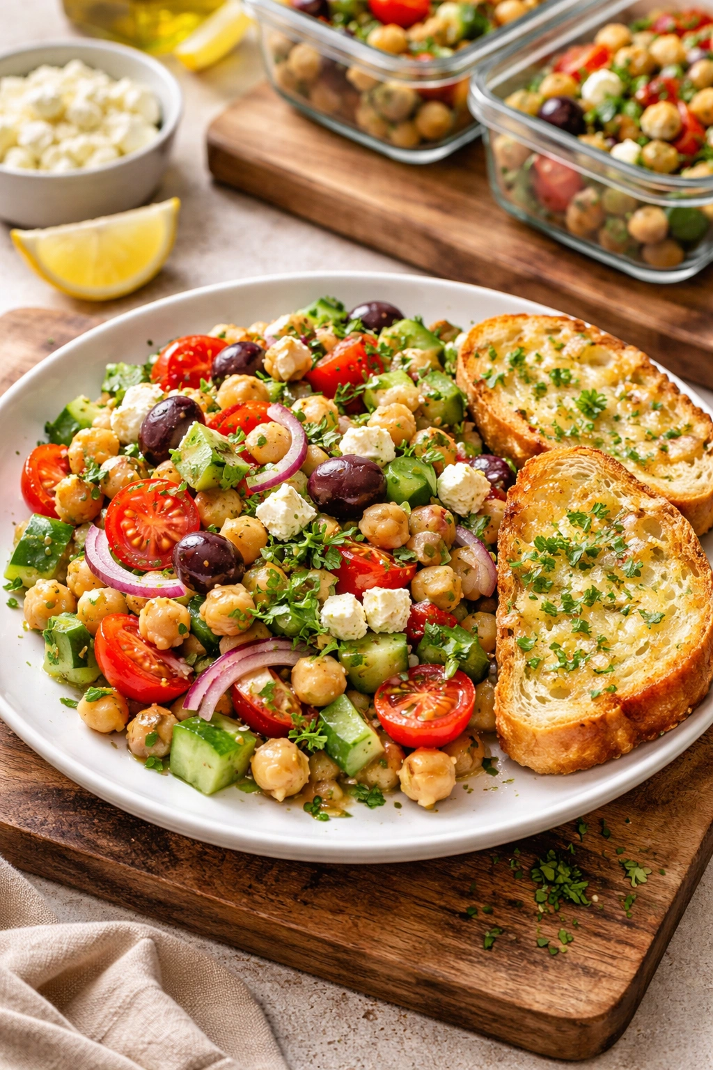 Close-up of Mediterranean chickpea salad with crispy garlic bread on a rustic wooden board