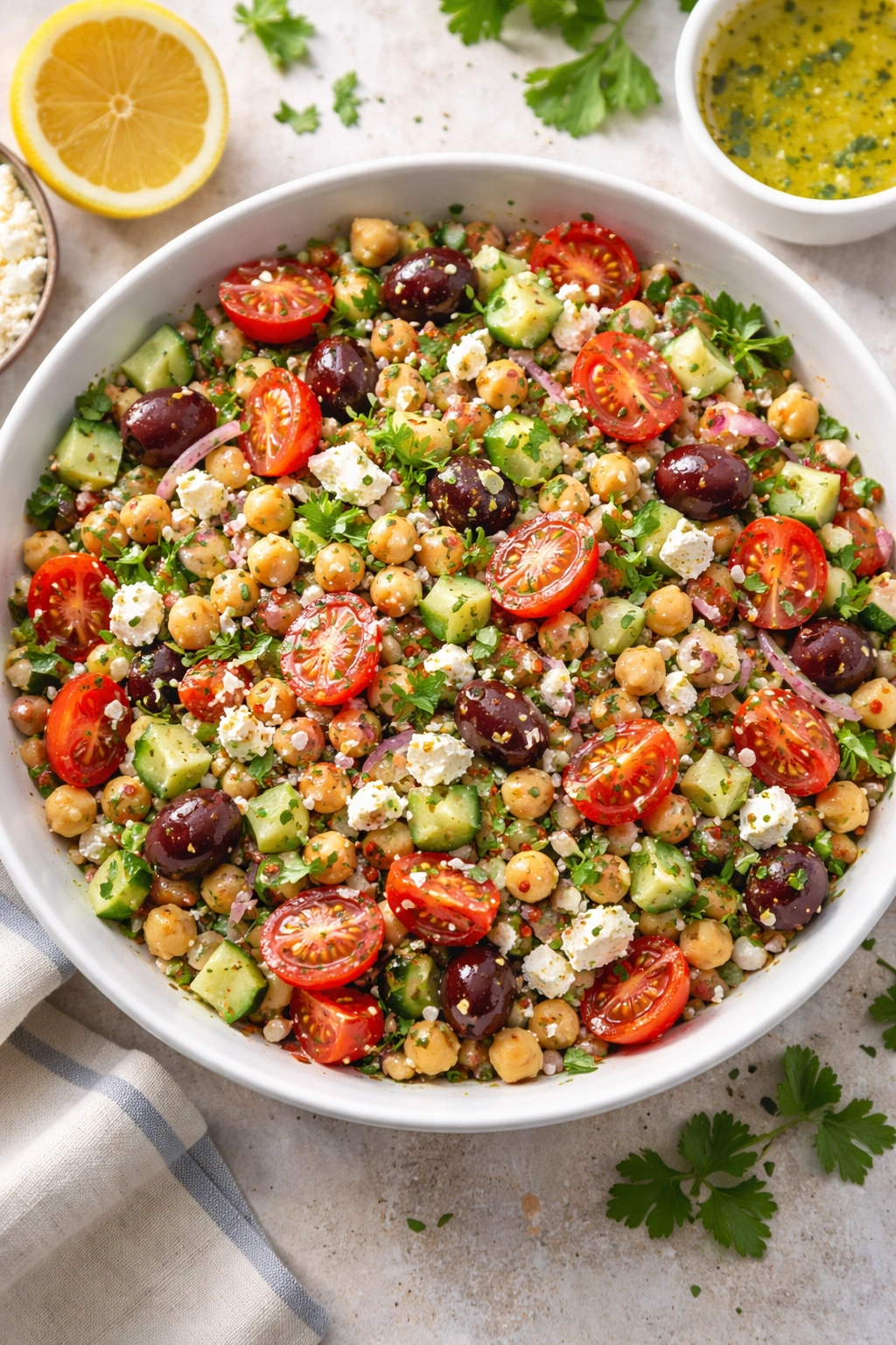 Mediterranean Chickpea Salad with Lemon Herb Dressing featuring chickpeas olives feta tomatoes