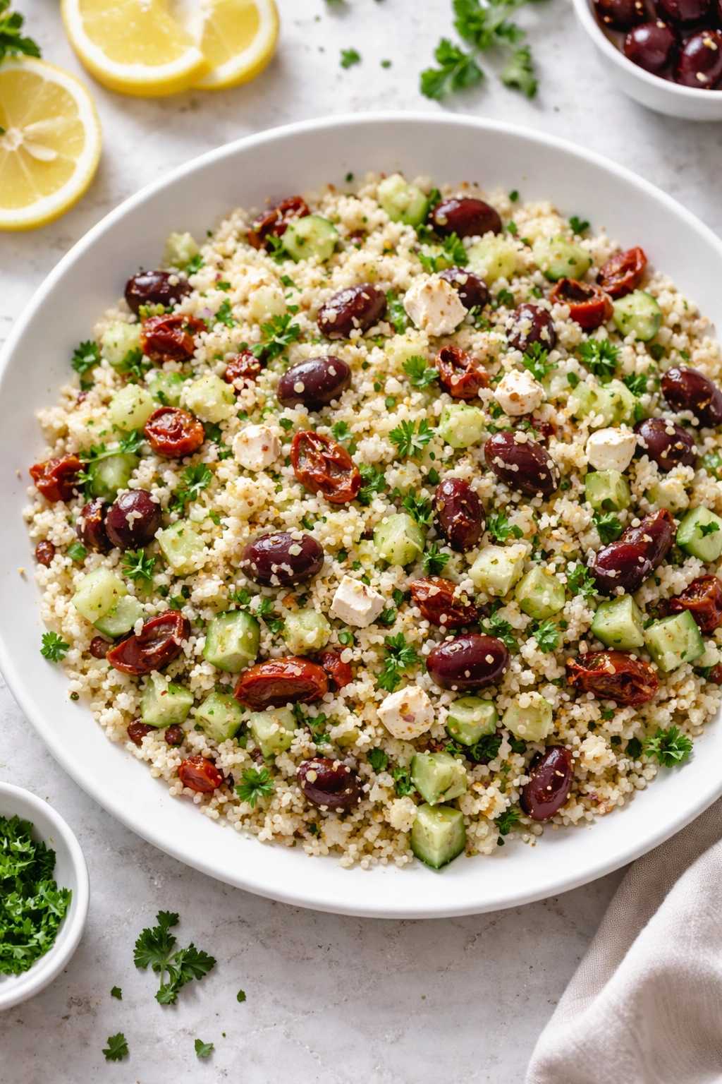 Close-up of Mediterranean couscous salad with sun-dried tomatoes, olives, feta on a plate