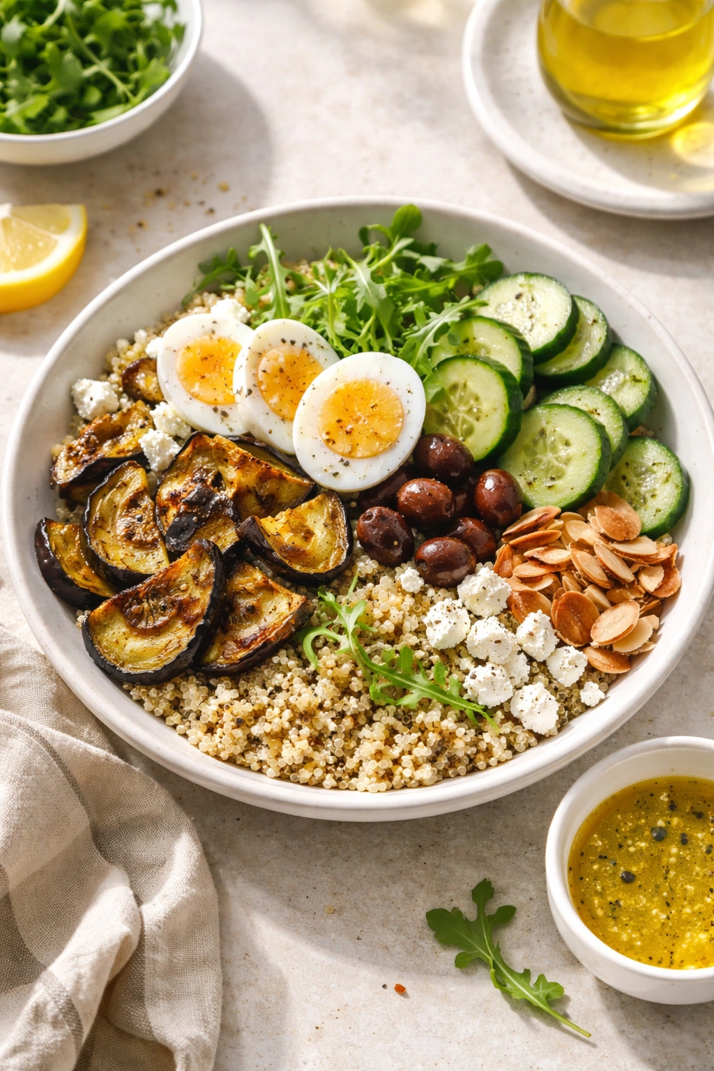 Mediterranean grain bowl with quinoa, arugula, feta, egg, roasted vegetables, cucumber, olives, almonds