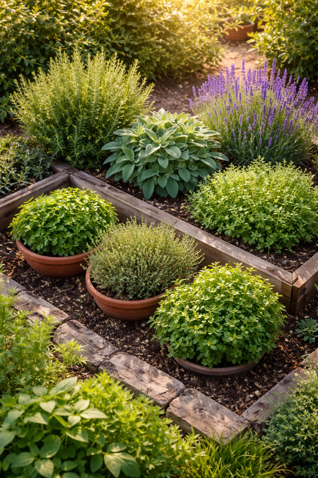 Mediterranean herbs grouped by water and sun needs in a sunlit garden