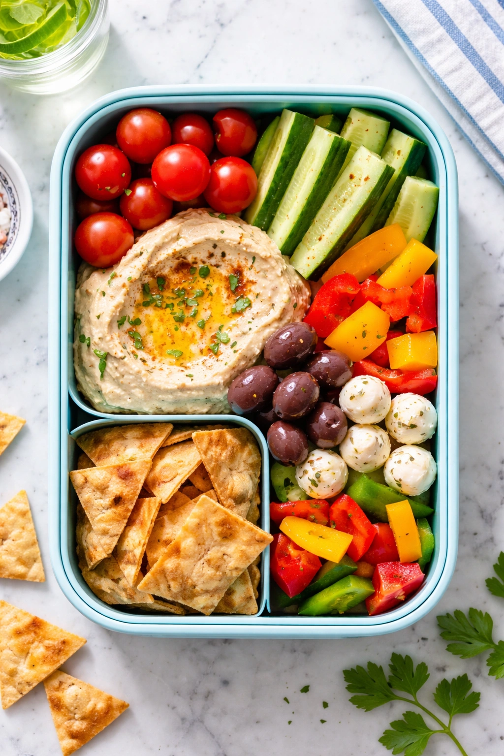 Top-down view of a Mediterranean Veggie & Hummus Bento with hummus, vegetables, olives, and pita chips