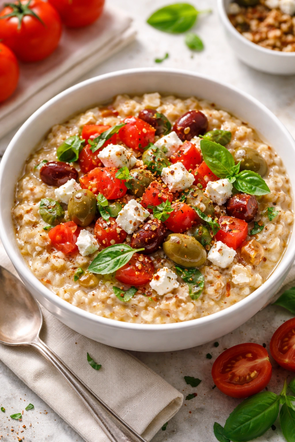 Oatmeal bowl topped with tomatoes feta olives and basil
