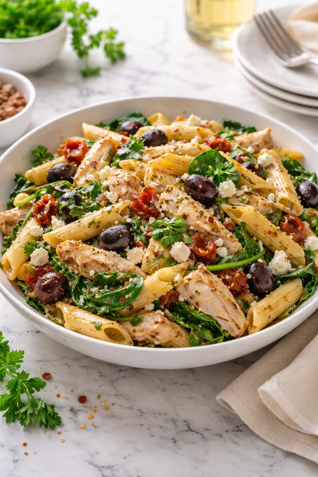 Pasta with chicken, olives, sun-dried tomatoes, spinach and feta