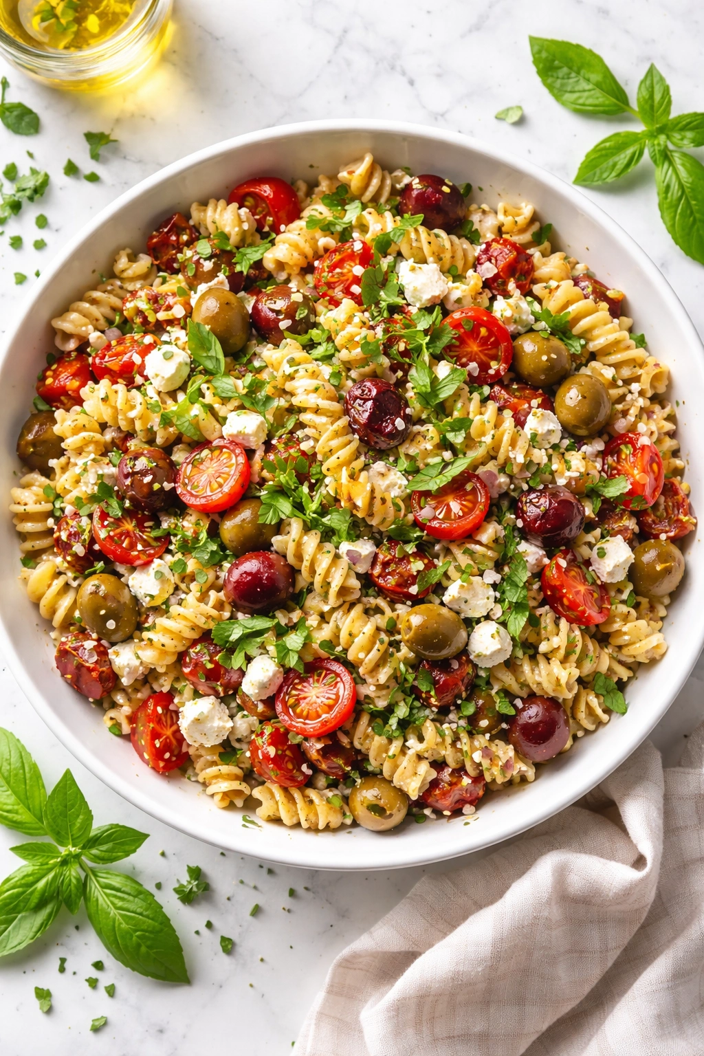 Close-up of Mediterranean Herb Pasta Salad with olives and feta