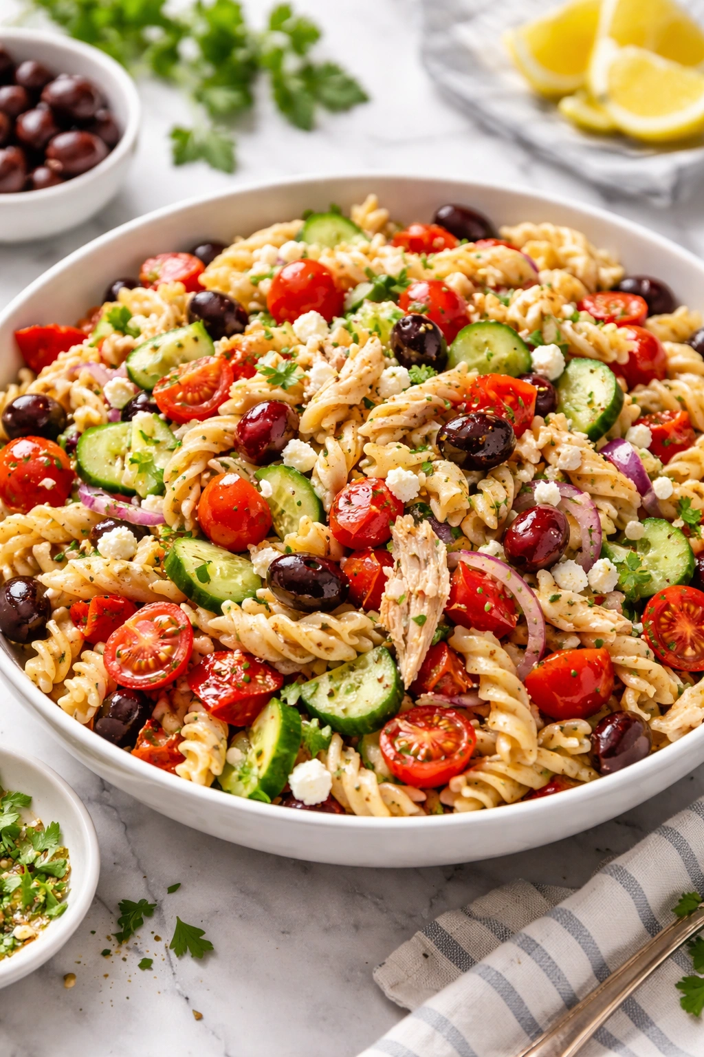 Pasta salad with feta and olives in a glass bowl