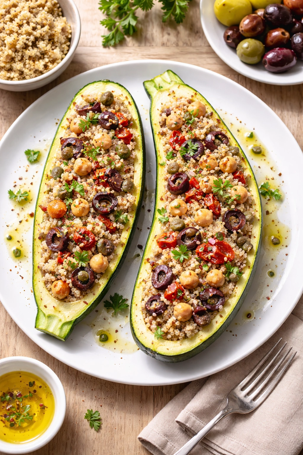 Two stuffed zucchini boats with quinoa and Mediterranean toppings on a white plate
