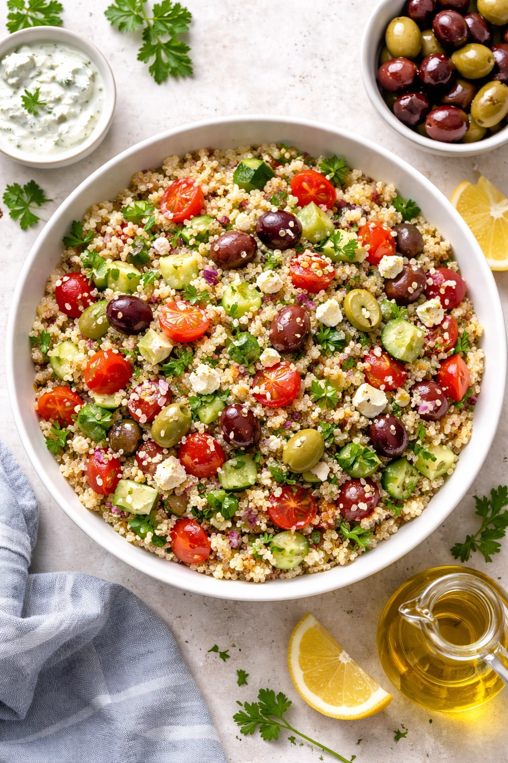 Bowl of Mediterranean quinoa salad with vegetables and herbs.