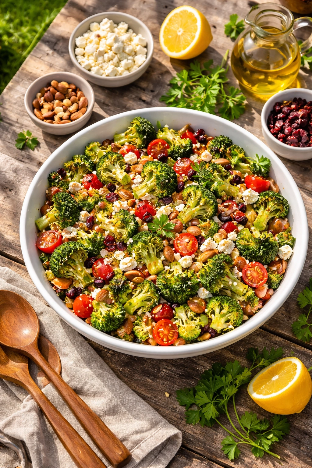 Broccoli-forward salad bowl in a sunlit outdoor setting